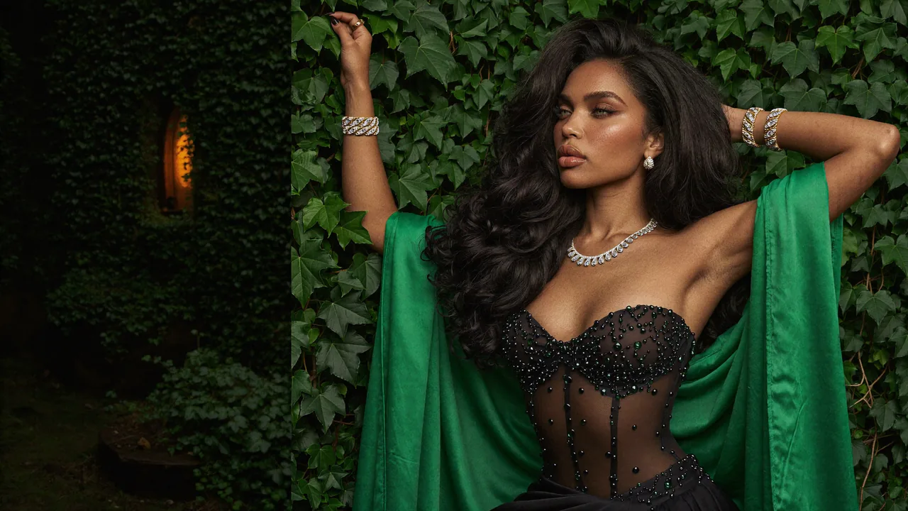Seven Yuno lifts both arms among ivy in a beaded corset and green cape.