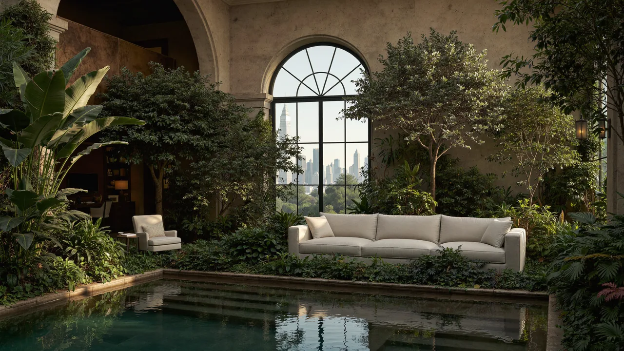 A conservatory lounge with a reflecting pool and an arched window onto a city skyline.