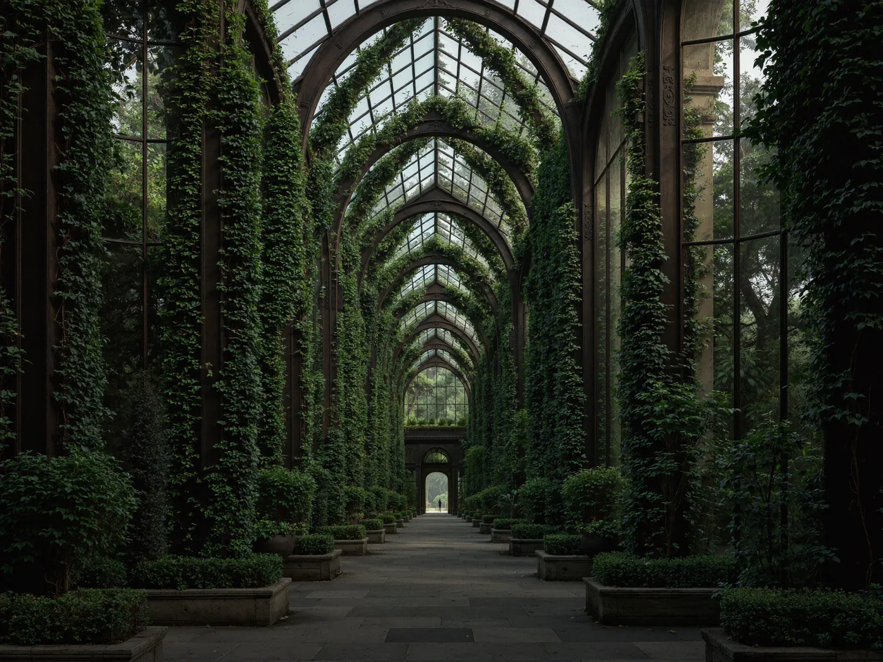 An ivy-covered arched glasshouse corridor recedes into soft light.