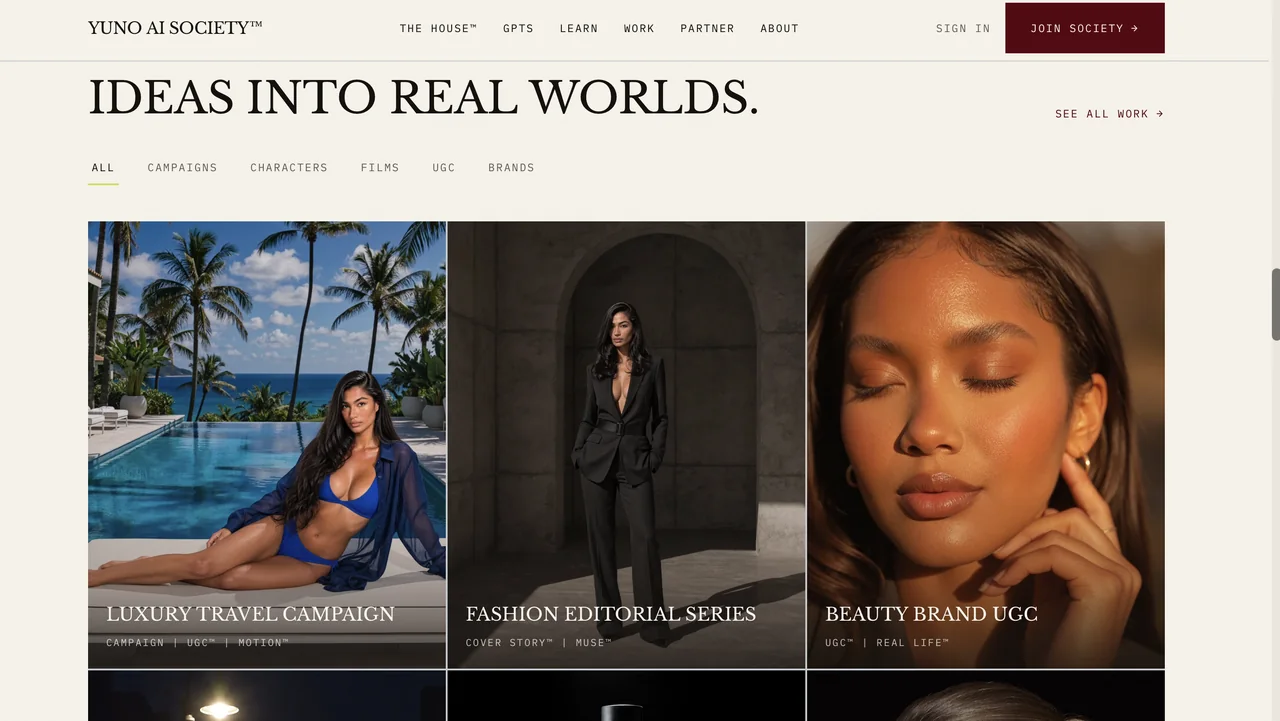 The work page of yunoaisociety.com, showing campaign, editorial and UGC projects.