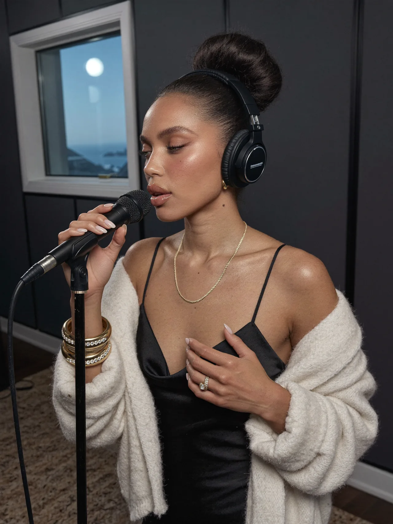 Seven Yuno records vocals at a studio microphone wearing headphones.