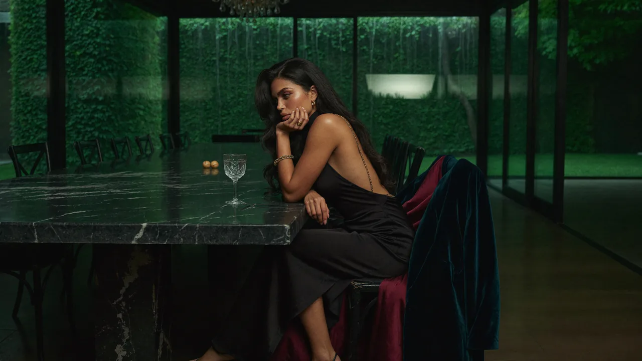 Seven Yuno sits at a marble table in a green glass room.