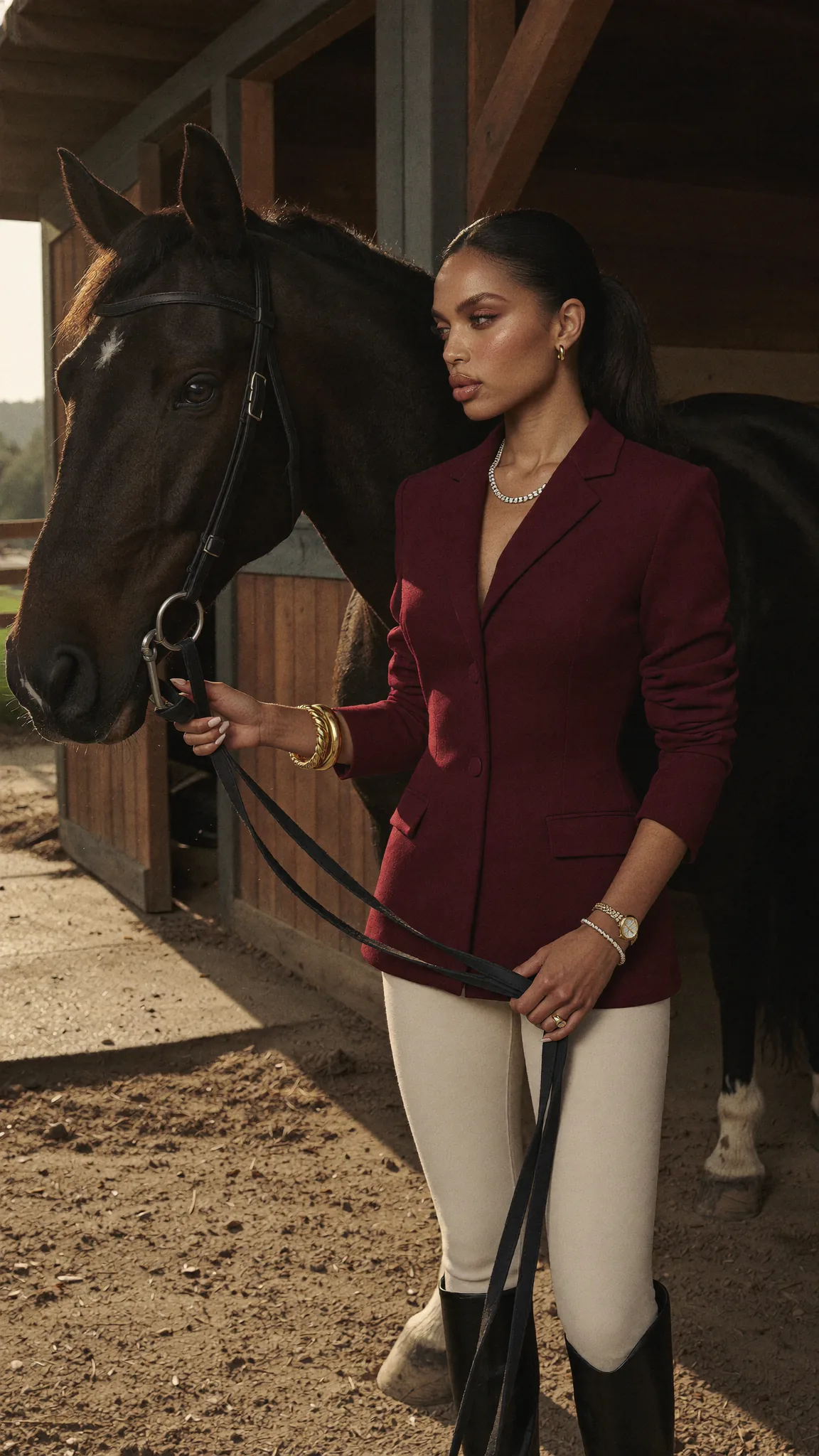 Seven Yuno in a burgundy riding jacket stands with a black horse.